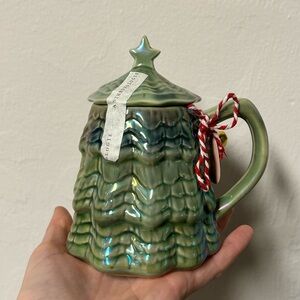 Anthropologie Green Ceramic Tree Mug with Lid